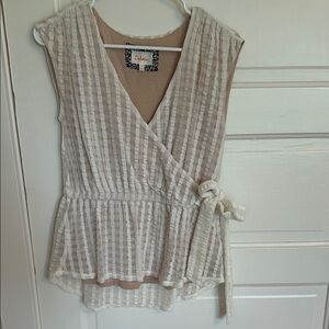 Anthropologie Tan Wrap Tie Front Peplum Blouse